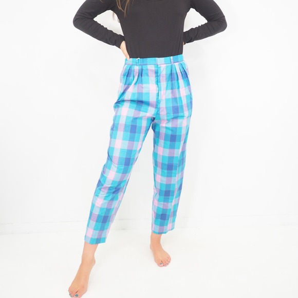 80s Vintage Plaid Trousers‎ Pink and Blue Check Cropped Slacks Size 4 Waist 27 - Picture 2 of 9